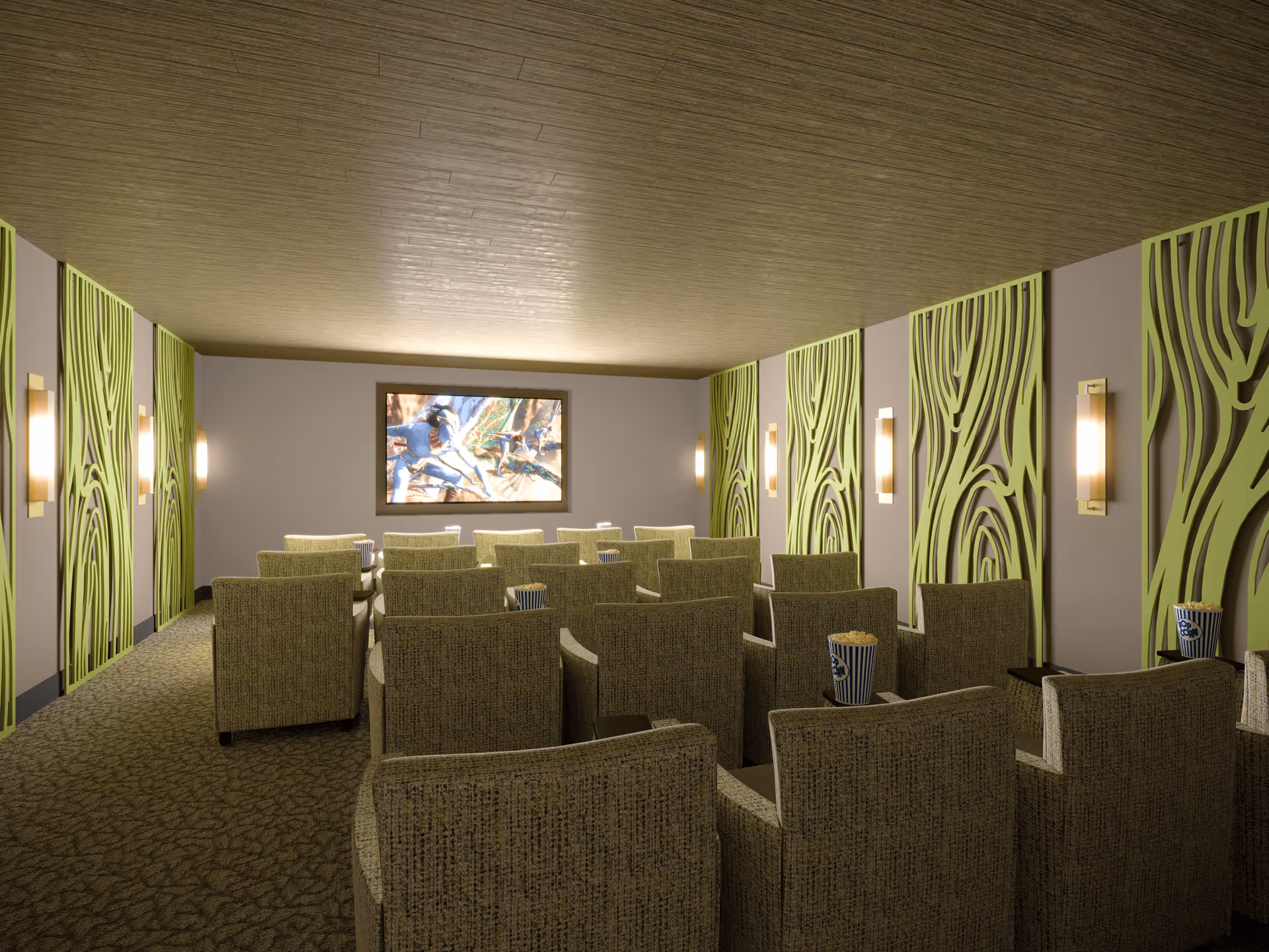 Small screening room with rows of upholstered armchairs facing a wall-mounted screen and decorative green wall panels.