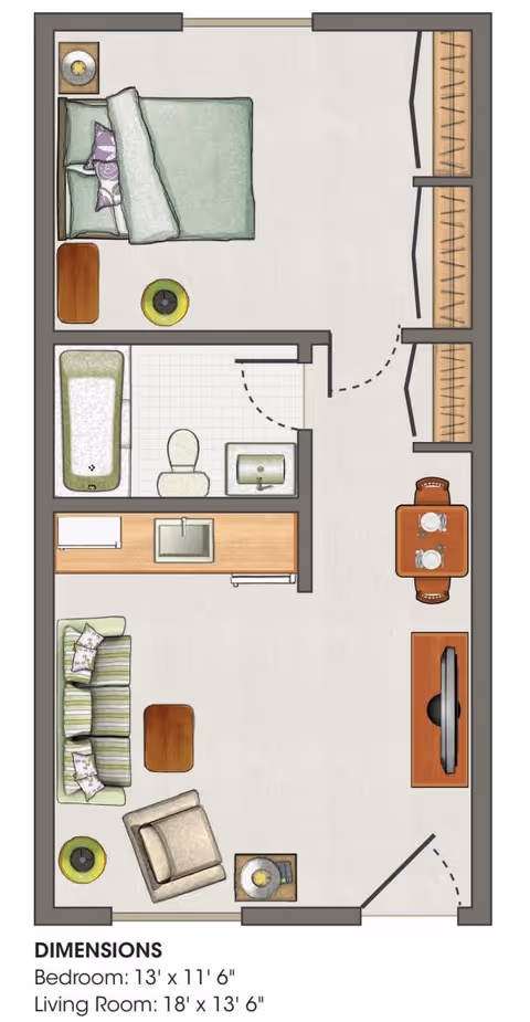 Floor plan of a senior living unit at Clinton Villa showing a bedroom with a bed, nightstand, and dresser; a bathroom with a bathtub, toilet, and sink; a living room with a sofa, armchair, coffee table, side table, and TV; a small dining area with a table and two chairs; and a kitchenette with a sink and countertop. Dimensions for bedroom and living room are provided.