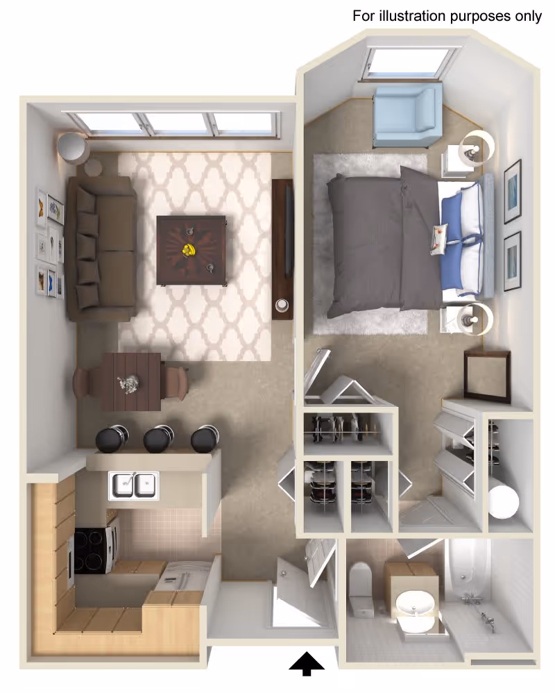 Top-down floor plan illustration of a one-bedroom apartment featuring a living room with a sofa, coffee table, and TV, a dining area with a table and chairs, a kitchen with appliances and a sink, a bedroom with a bed, nightstands, an armchair, and a closet, and a bathroom with a toilet, sink, and bathtub.