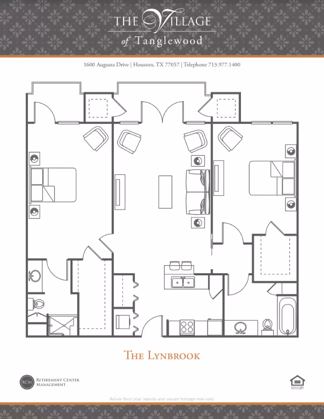 Floor plan layout of The Lynbrook at The Village of Tanglewood showing two bedrooms, a living room with seating and TV, a kitchen with appliances and a sink, two bathrooms, and closets.
