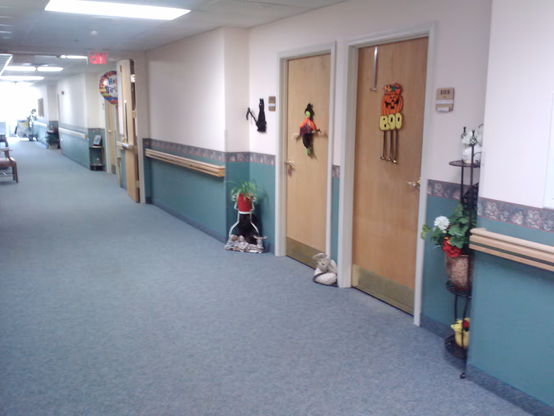 A long hallway in a senior living facility with carpeted floor and light green lower walls with a floral border. There are wooden doors on the right side decorated with Halloween-themed items, including a 'Boo' sign and a witch figure. Potted plants and small decorative items are placed along the hallway. An exit sign is visible at the far end.