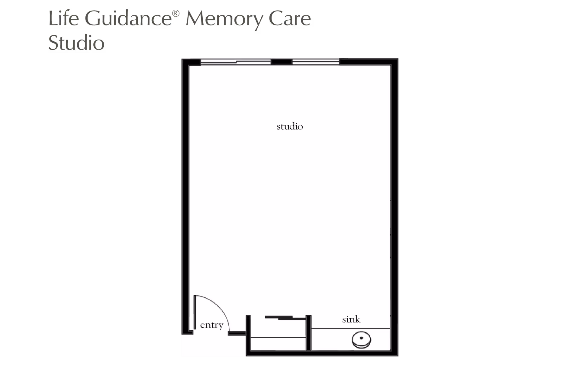 Floor plan layout of a Life Guidance Memory Care Studio apartment showing an entry door, a studio living space, and a sink area.