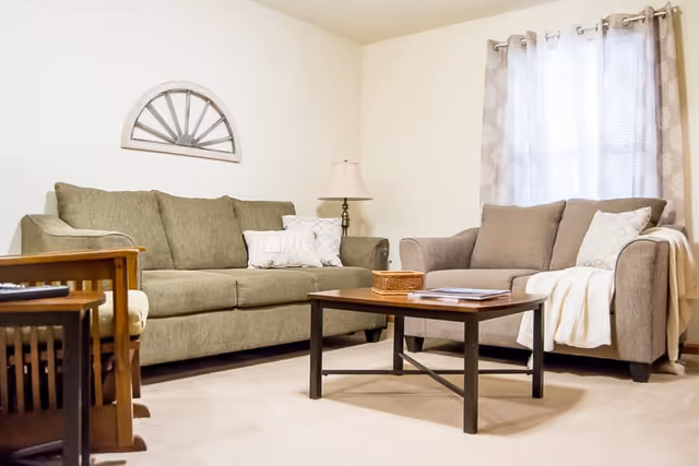 A cozy living room with two sofas, one green and one gray, a wooden coffee table with a basket and magazines on it, a side table with a lamp, a window with patterned curtains, and a decorative wall piece above the green sofa.