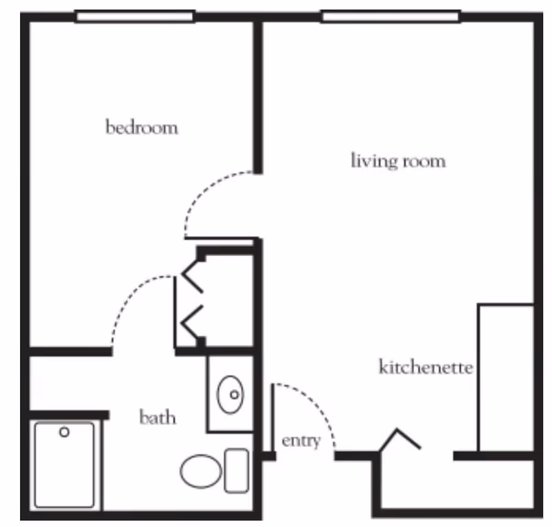 Floor plan of a senior living unit at Atria Evergreen Valley showing a bedroom, bath with bathtub and toilet, living room, kitchenette, and entry area.