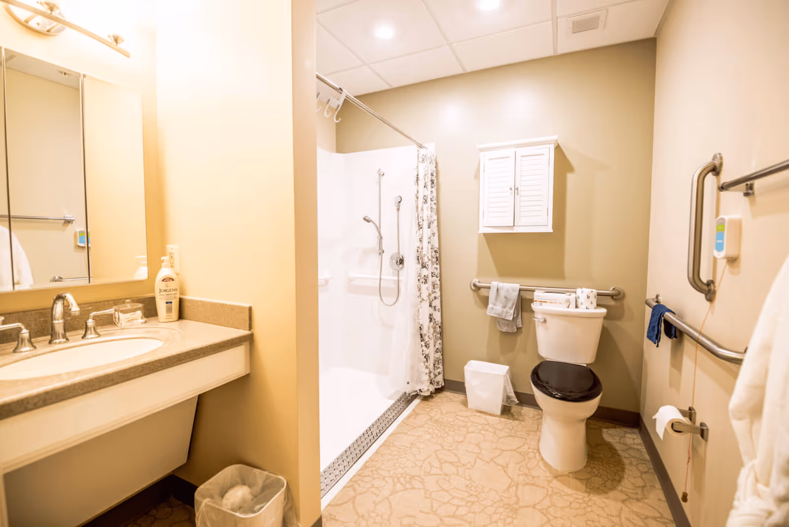 Accessible bathroom with a sink and mirror on the left, a roll-in shower in the center, and a toilet with grab bars and a wall cabinet on the right.