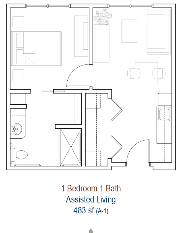 Floor plan layout of a 1 bedroom, 1 bathroom assisted living apartment with a total area of 483 square feet. The plan shows the arrangement of rooms including a bedroom, bathroom, kitchen, living area, and closet spaces.