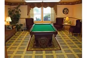 A cozy room with a pool table in the center on a decorative rug. The room has patterned carpet flooring, two large windows with curtains, two armchairs on each side of the windows, a small table with a lamp, a potted plant, and a wall decoration.