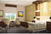 A hospital-style patient room featuring a bed, chairs, and a large window.