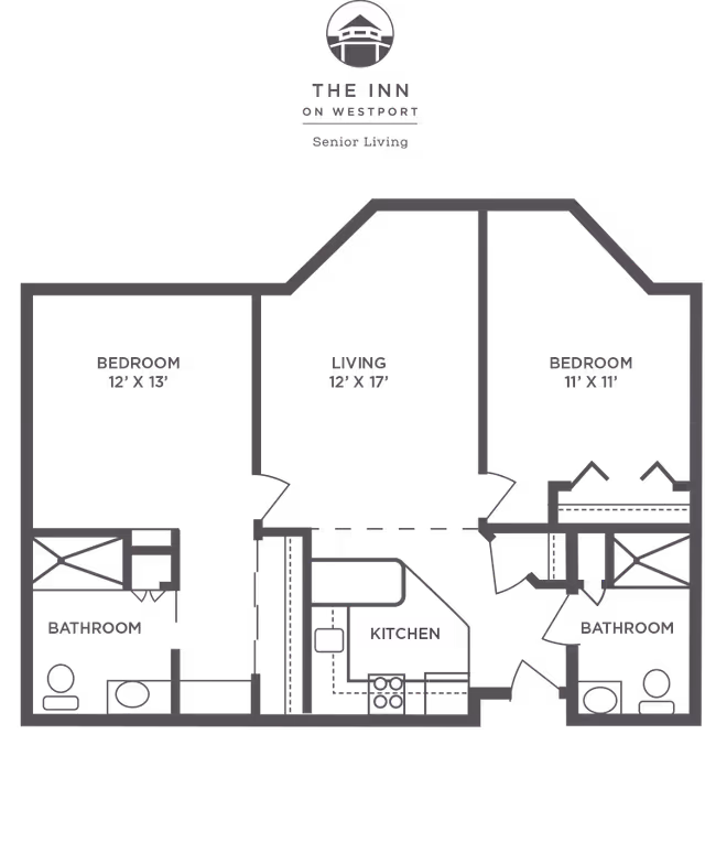 Black-and-gray floor plan for The Inn on Westport senior living showing two bedrooms, a living room, kitchen, and two bathrooms.