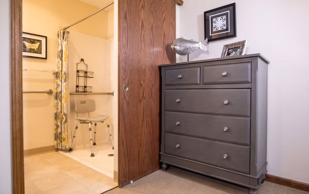 View of a bathroom with a shower area featuring a shower chair and grab bars, partially visible through a wooden sliding door. Next to the door is a gray chest of drawers with decorative items on top, including a silver fish sculpture and framed pictures on the wall above.