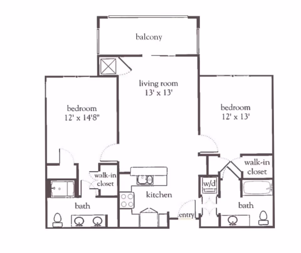 Floor plan of a two-bedroom apartment featuring a living room measuring 13 by 13 feet, a balcony, a kitchen, two bedrooms with walk-in closets, and two bathrooms. The left bedroom measures 12 by 14 feet 8 inches and the right bedroom measures 12 by 13 feet. The layout includes an entry area and a washer/dryer space near the right bathroom.
