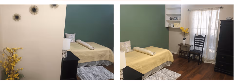 Two views of a bedroom in Cypress Assisted Living featuring a single bed with a yellow bedspread and a rolled towel on top. The room has a green accent wall, wooden flooring, a black nightstand with a lamp, a black chair near a window with sheer curtains, a small side table with a vase of yellow flowers, and built-in white shelves with decorative items.