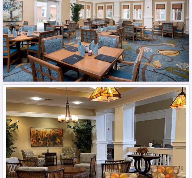 Two interior dining and lounge areas with tables, chairs, and warm décor.