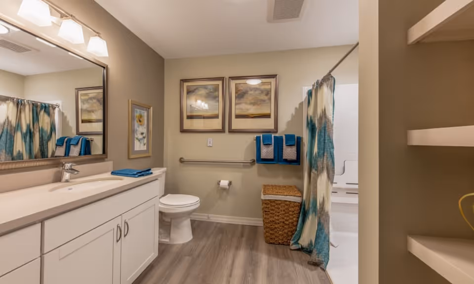 Clean, accessible bathroom with a vanity and sink, toilet, shower with a patterned curtain, towel rack, and framed artwork.