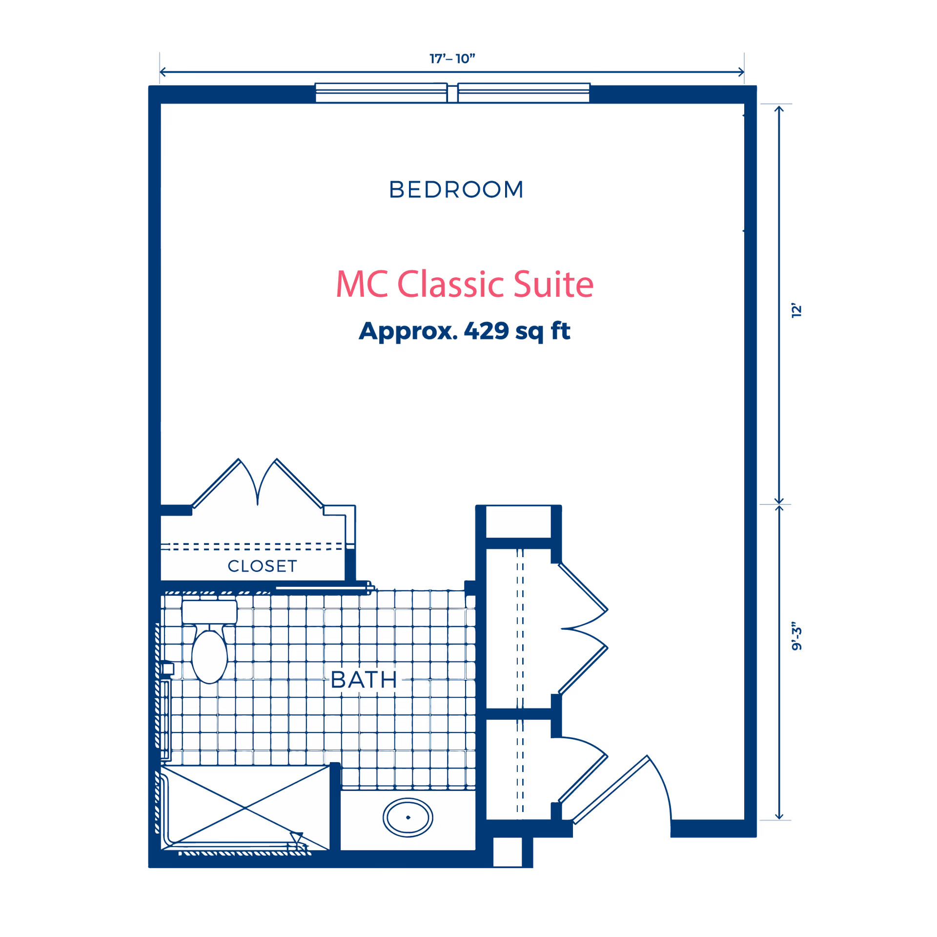Floor plan of the MC Classic Suite at The Georgian Lakeside, showing a bedroom area measuring approximately 429 square feet, with a closet and a bathroom including a toilet, sink, and shower.