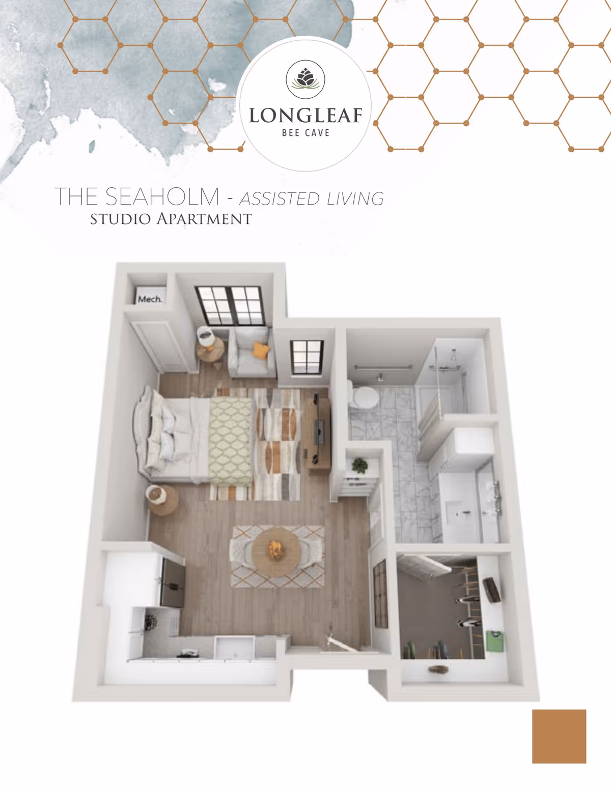 3D floor plan of The Seaholm studio apartment for assisted living at Longleaf Bee Cave, showing a combined living and sleeping area with a bed, armchair, TV, and small dining table. The apartment includes a kitchen area, a bathroom with a shower, and a walk-in closet.