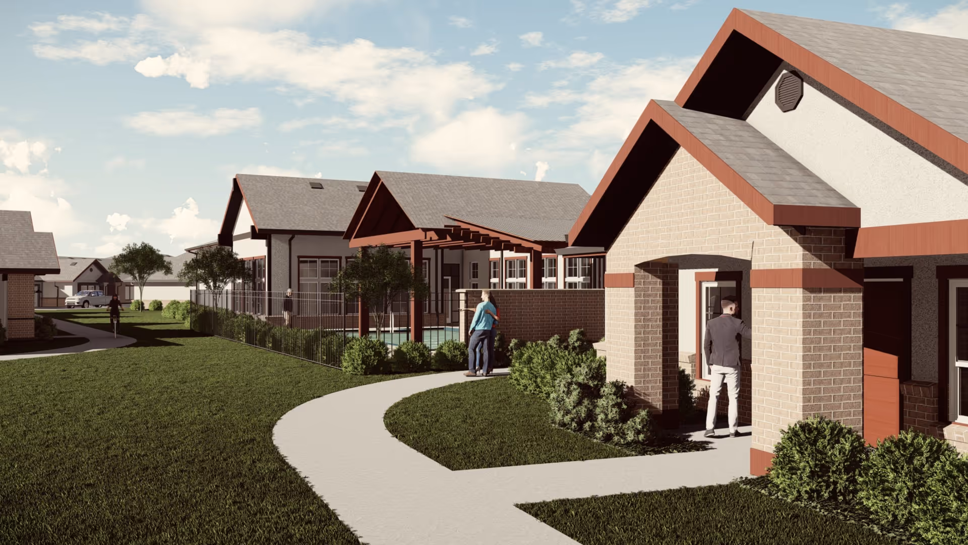 Exterior view of single-story senior living cottages with a curved walkway, landscaping, and a few people outside.