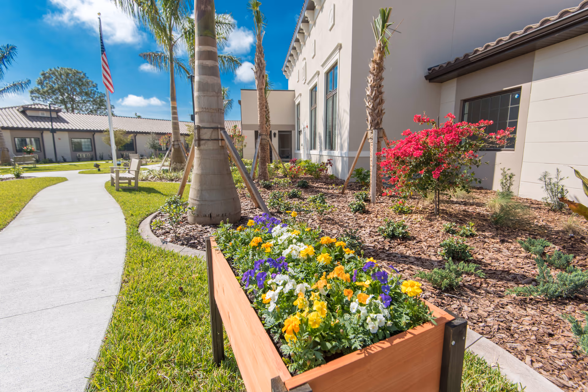 Outdoor garden area at Inspired Living Bonita Springs featuring a raised wooden planter box filled with colorful flowers including yellow, white, and purple blooms. Palm trees are supported by wooden braces, and a concrete pathway curves through the green lawn. An American flag is visible in the background near a bench, with the facility building and clear blue sky in the scene.
