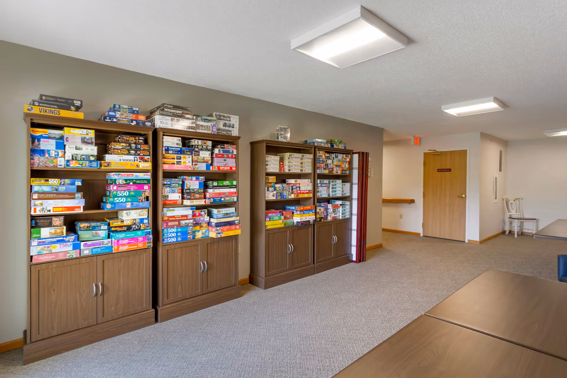 Activity room with three large shelving units stocked with board games and puzzles, tables and chairs in a carpeted interior.