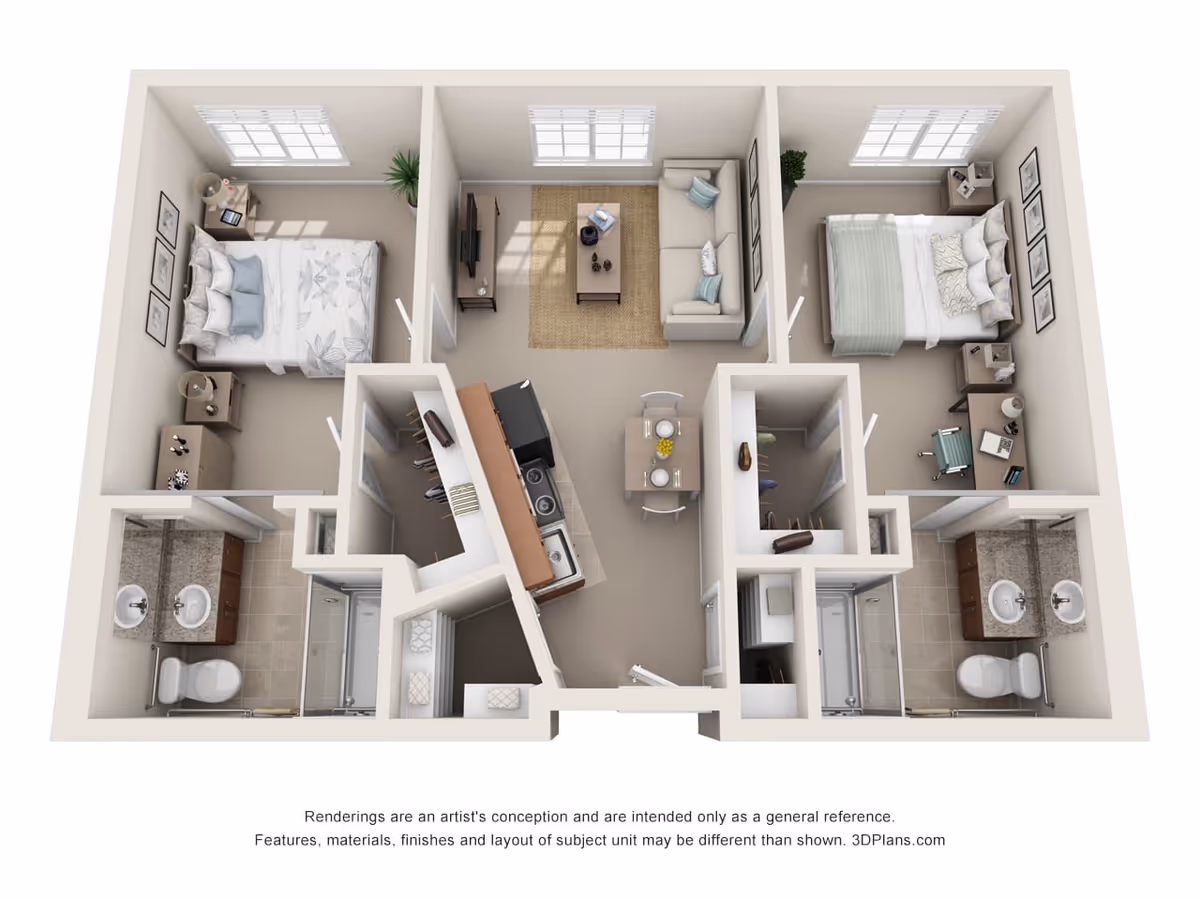 3D floor plan of a two-bedroom apartment featuring two bedrooms each with a bed, nightstands, and dressers. The apartment includes two bathrooms with sinks, toilets, and showers. The central area has a living room with a sofa, coffee table, and TV, a dining area with a table and chairs, and a kitchen with appliances and cabinets.