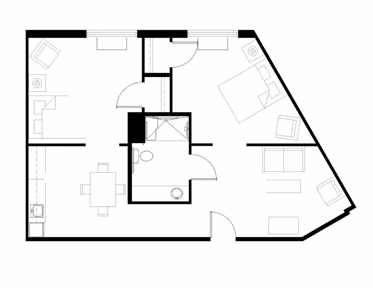 Black-and-white apartment floor plan showing living and dining areas, kitchen, bedroom, and a central bathroom.