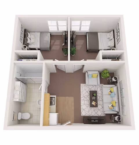 3D floor plan of a small apartment with two bedrooms, one bathroom, a kitchen area, and a living room. Each bedroom has a bed, nightstand, and closet. The bathroom includes a toilet, sink, and shower. The living room has a sofa, armchair, coffee table, and TV stand. The kitchen area has a sink, stove, and refrigerator.