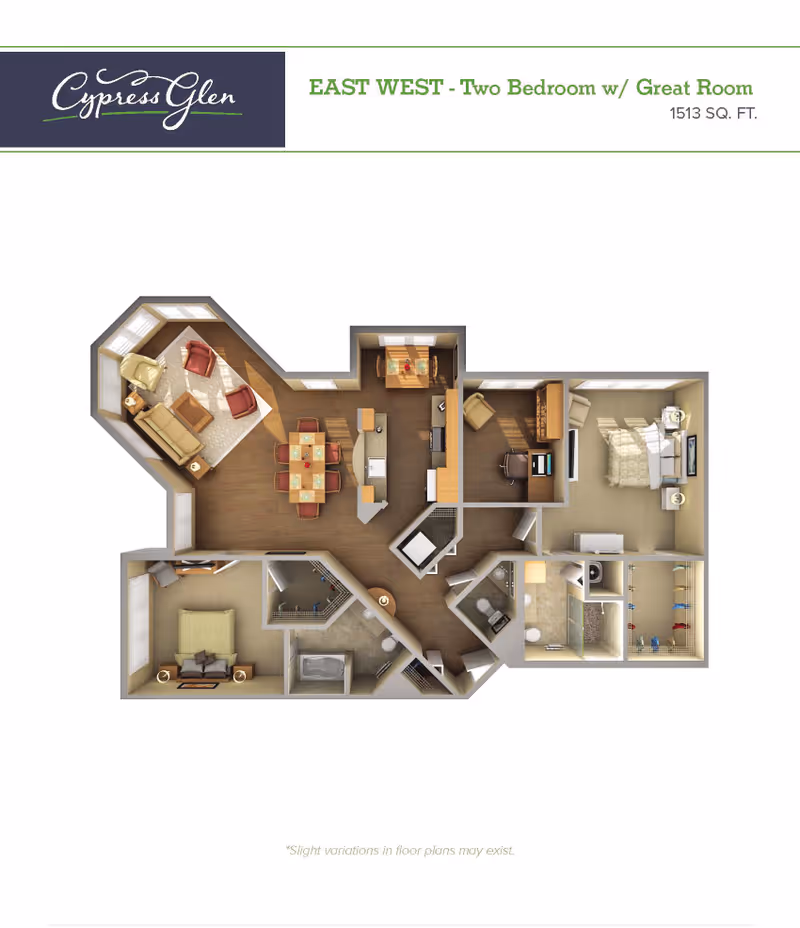 Top-down rendered floor plan of a two-bedroom, 1513 sq. ft. apartment showing a great room, kitchen, two bedrooms, bathrooms and closets.
