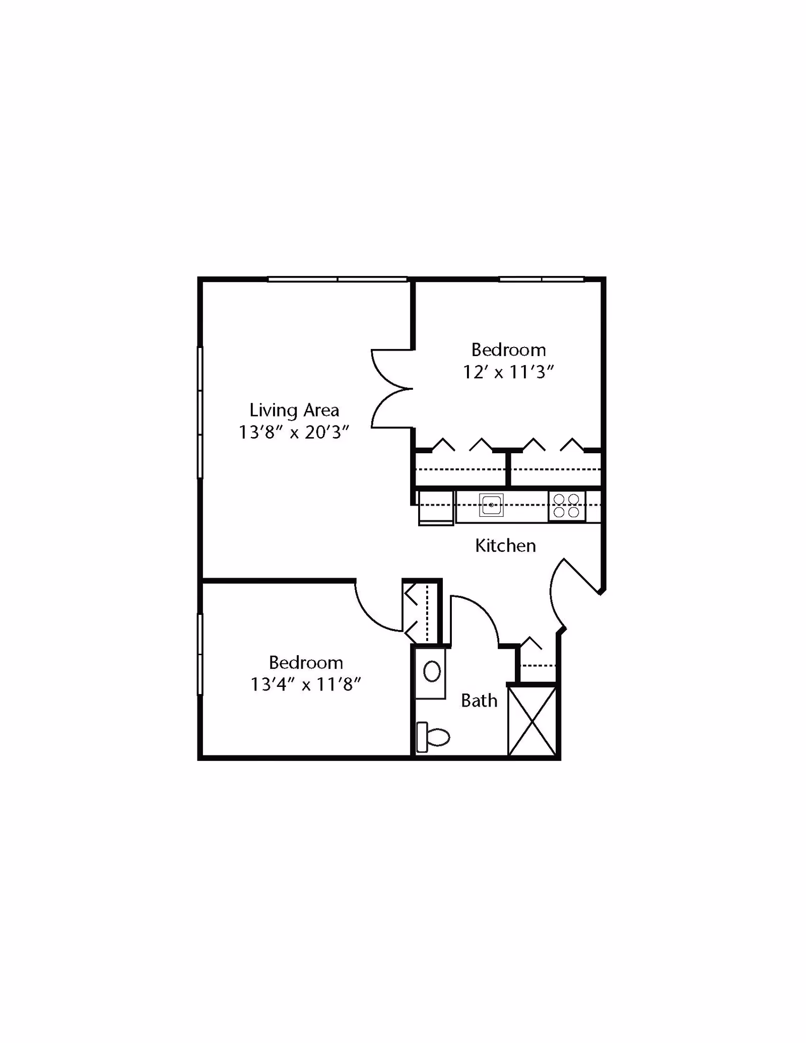 Floor plan of a residential unit showing two bedrooms, a living area, a kitchen, and a bathroom. The living area measures 13'8" x 20'3", one bedroom measures 12' x 11'3", and the other bedroom measures 13'4" x 11'8". The kitchen is adjacent to the living area and one bedroom, and the bathroom is located near the second bedroom.
