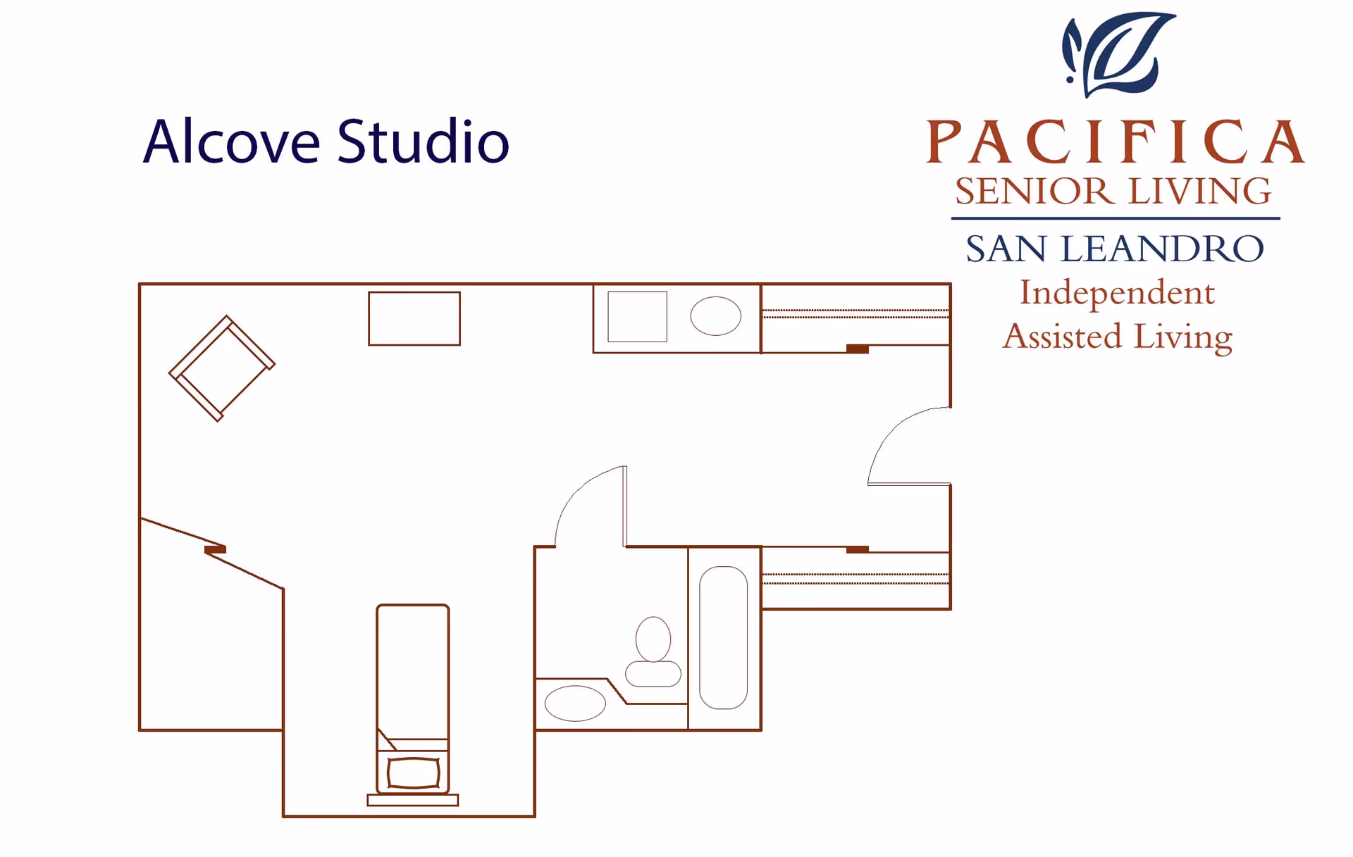 Floor plan layout of an Alcove Studio apartment at Pacifica Senior Living San Leandro, showing a combined living and sleeping area, a bathroom with a bathtub and toilet, and a kitchenette area.