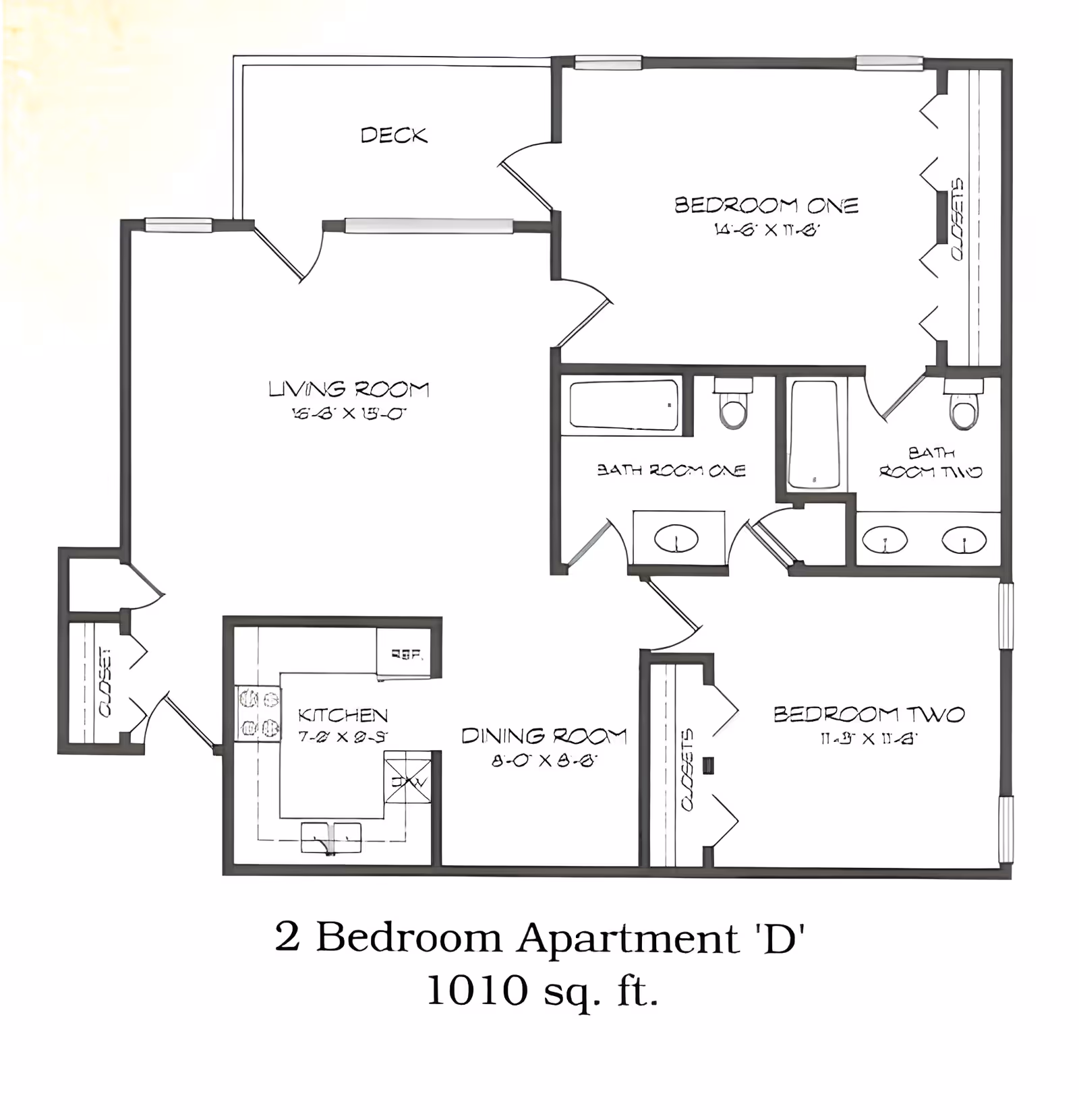 Black-and-white floor plan of a 2-bedroom, 2-bathroom apartment labeled "Apartment D" (1010 sq. ft.) showing living room, kitchen, dining room, bedrooms, bathrooms, closets, and a deck.