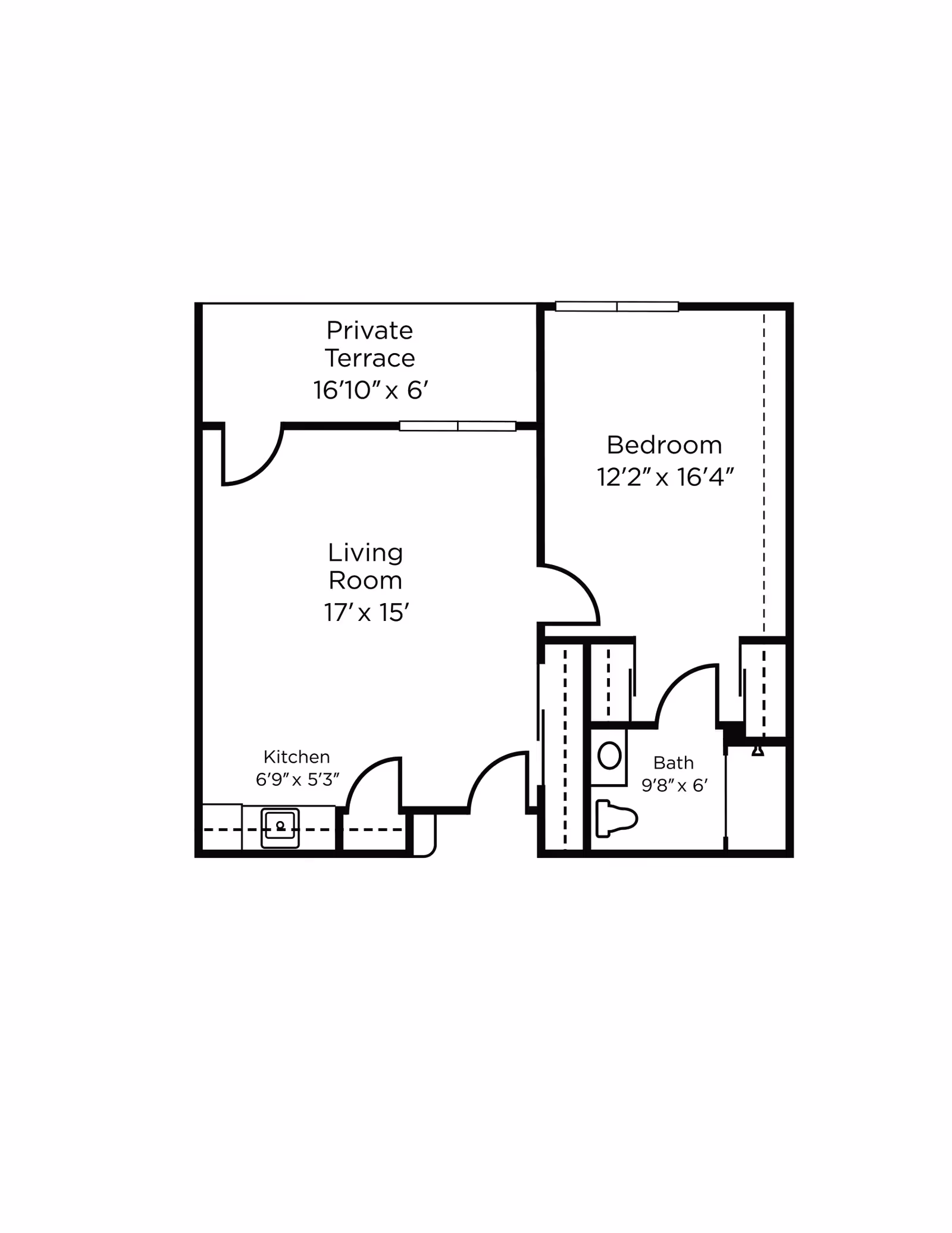 Floor plan of a living space including a private terrace, living room, kitchen, bedroom, and bathroom with dimensions labeled for each area.