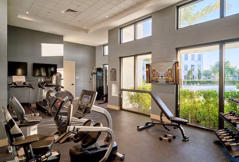 Bright and modern fitness room with exercise equipment including stationary bikes, treadmills, a weight bench, dumbbells, and a multi-function weight machine. Large windows let in natural light and offer a view of greenery and a building outside.