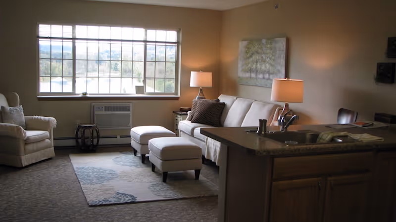 Sunlit living room with a sofa, armchair, two ottomans and an area rug visible beside a kitchen counter with sink.