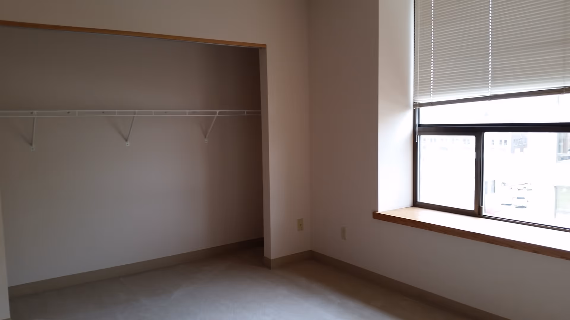 Empty room with beige walls and carpet, featuring a large window with blinds partially open and an open closet with a white wire shelf and hanging rod.