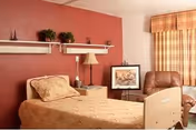 A nursing home bedroom with a single bed covered in a beige quilt, a nightstand with a lamp and a framed picture, a brown leather recliner chair, and a window with plaid curtains. The walls are painted red and white, and there are two white shelves with small plants and decorative items above the bed.