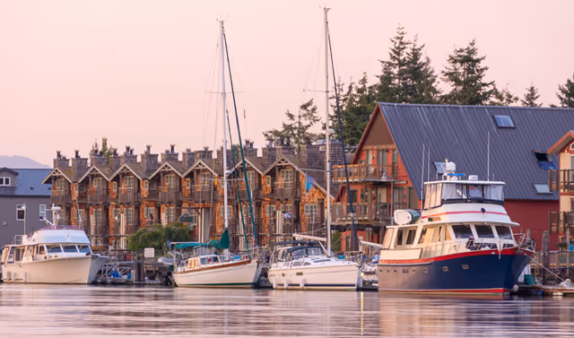 Several boats moored at a marina in front of wood-clad waterfront buildings and trees under a pink sky.