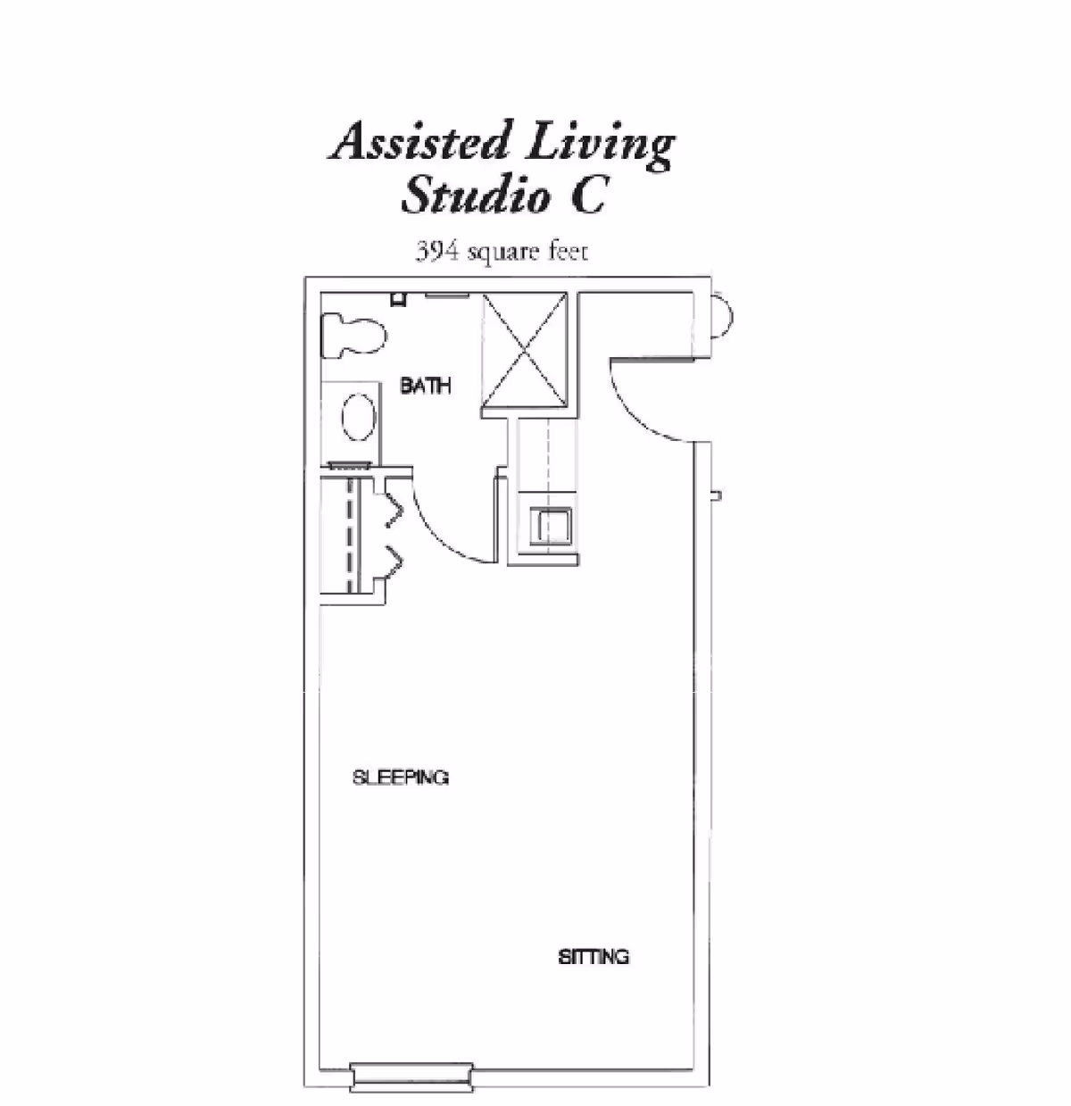 Floor plan of an assisted living studio apartment labeled Studio C, showing a 394 square feet layout with designated areas for bath, sleeping, and sitting.