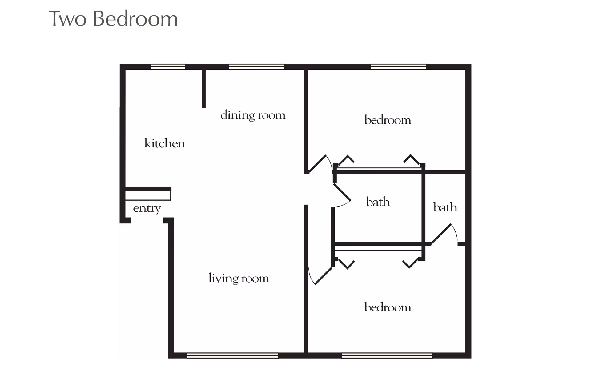 Floor plan of a two-bedroom apartment showing an entry, kitchen, dining room, living room, two bedrooms, and two bathrooms.