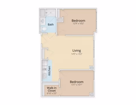 Floor plan of a residential unit at Stonebridge at Burlington showing two bedrooms, a living room, a kitchen, a bathroom, and a walk-in closet with dimensions labeled for each room.