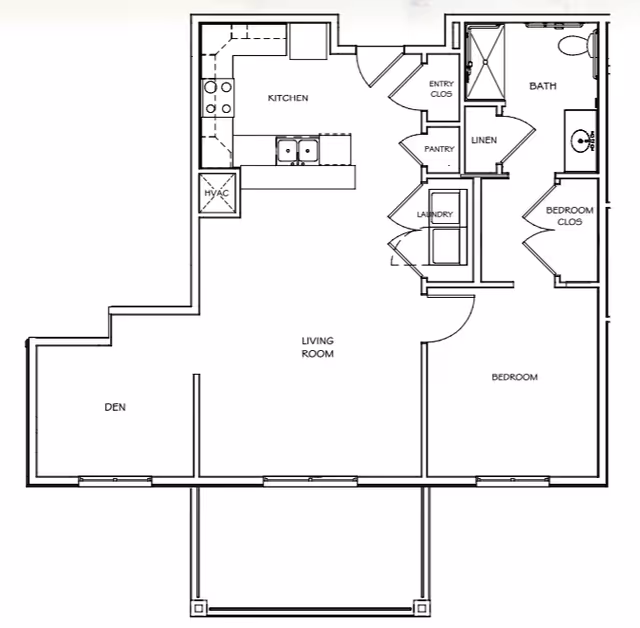 Architectural floor plan of a residential unit showing a kitchen, living room, den, bedroom, bathroom, laundry area, pantry, linen closet, entry closet, and HVAC space.