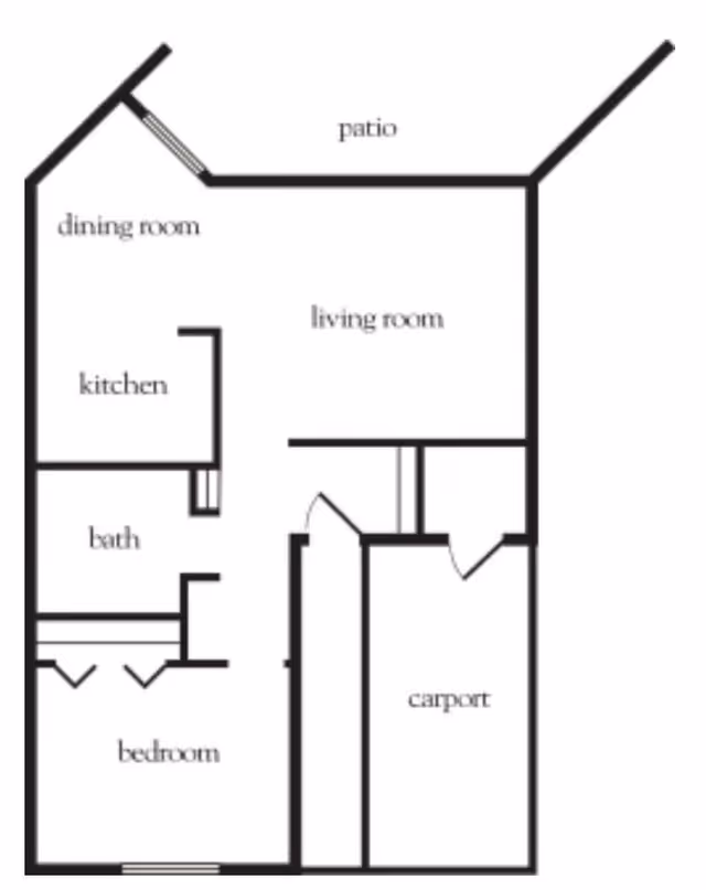Floor plan layout showing a patio, dining room, kitchen, bath, bedroom, living room, and carport.