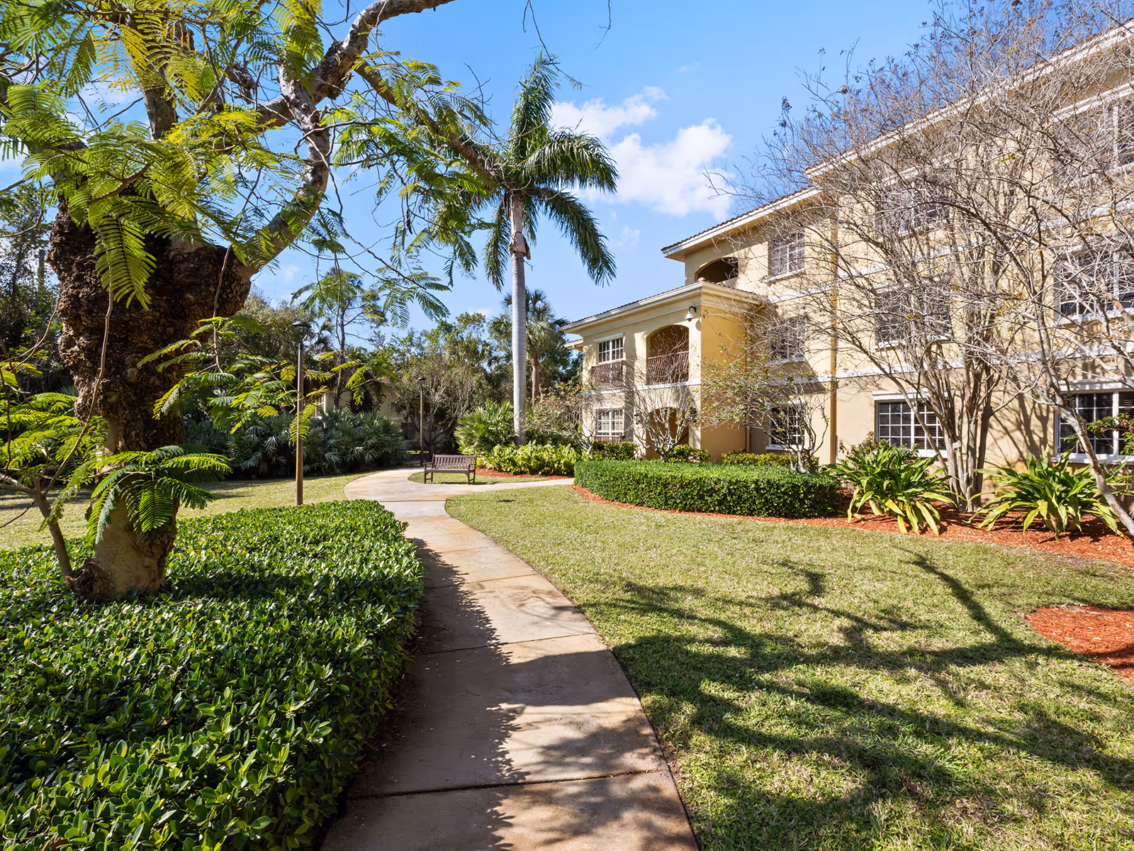 A sunny outdoor garden area with a curved concrete walkway, green grass, trimmed bushes, palm trees, and a beige multi-story building with balconies in the background.
