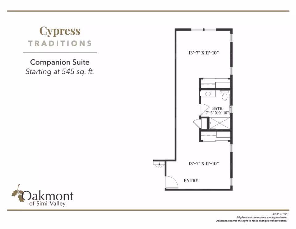Floor plan of the Cypress Traditions Companion Suite at Oakmont of Simi Valley, starting at 545 square feet. The layout includes an entry area measuring 13 feet 7 inches by 11 feet 10 inches, a bath measuring 7 feet 5 inches by 9 feet 10 inches, and another room measuring 13 feet 7 inches by 11 feet 10 inches.