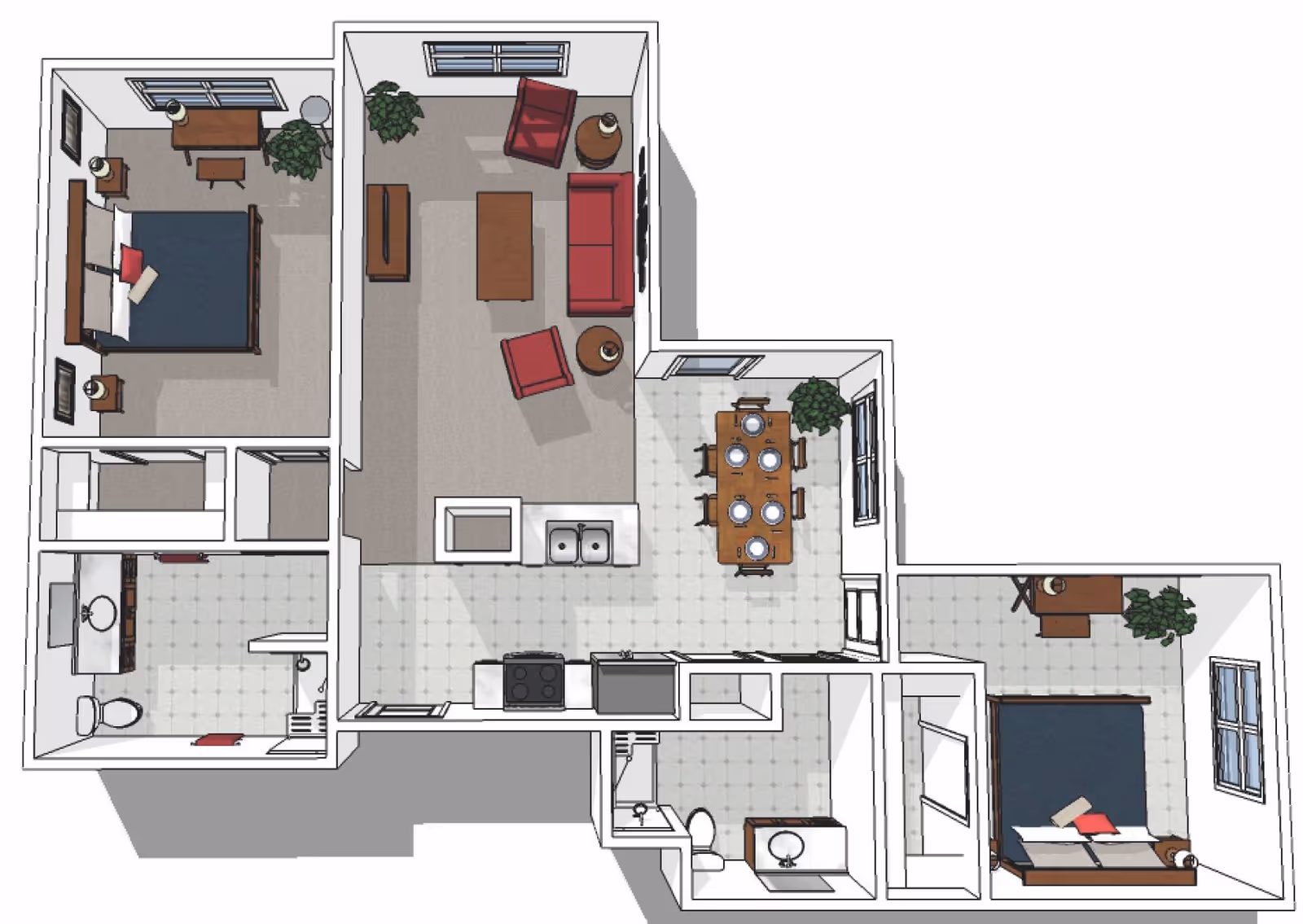 3D floor plan of a senior living apartment showing two bedrooms, two bathrooms, a living room with red sofa and chairs, a dining area with a table set for six, and a kitchen with appliances and a sink.