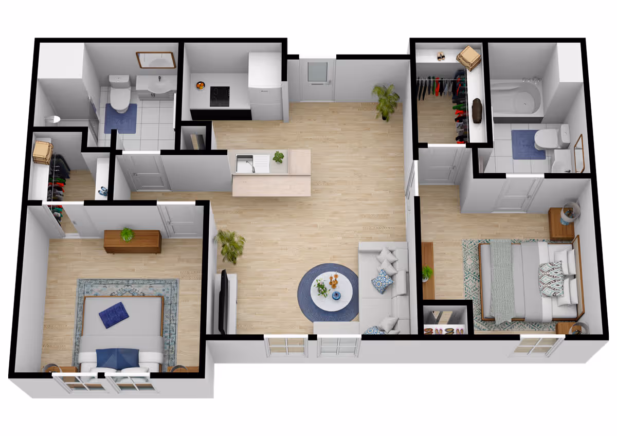 3D floor plan of an apartment featuring two bedrooms, two bathrooms, a kitchen with an island, a living room with a sofa and TV, and closets. The layout shows wooden flooring in the living areas and tiled floors in the bathrooms.