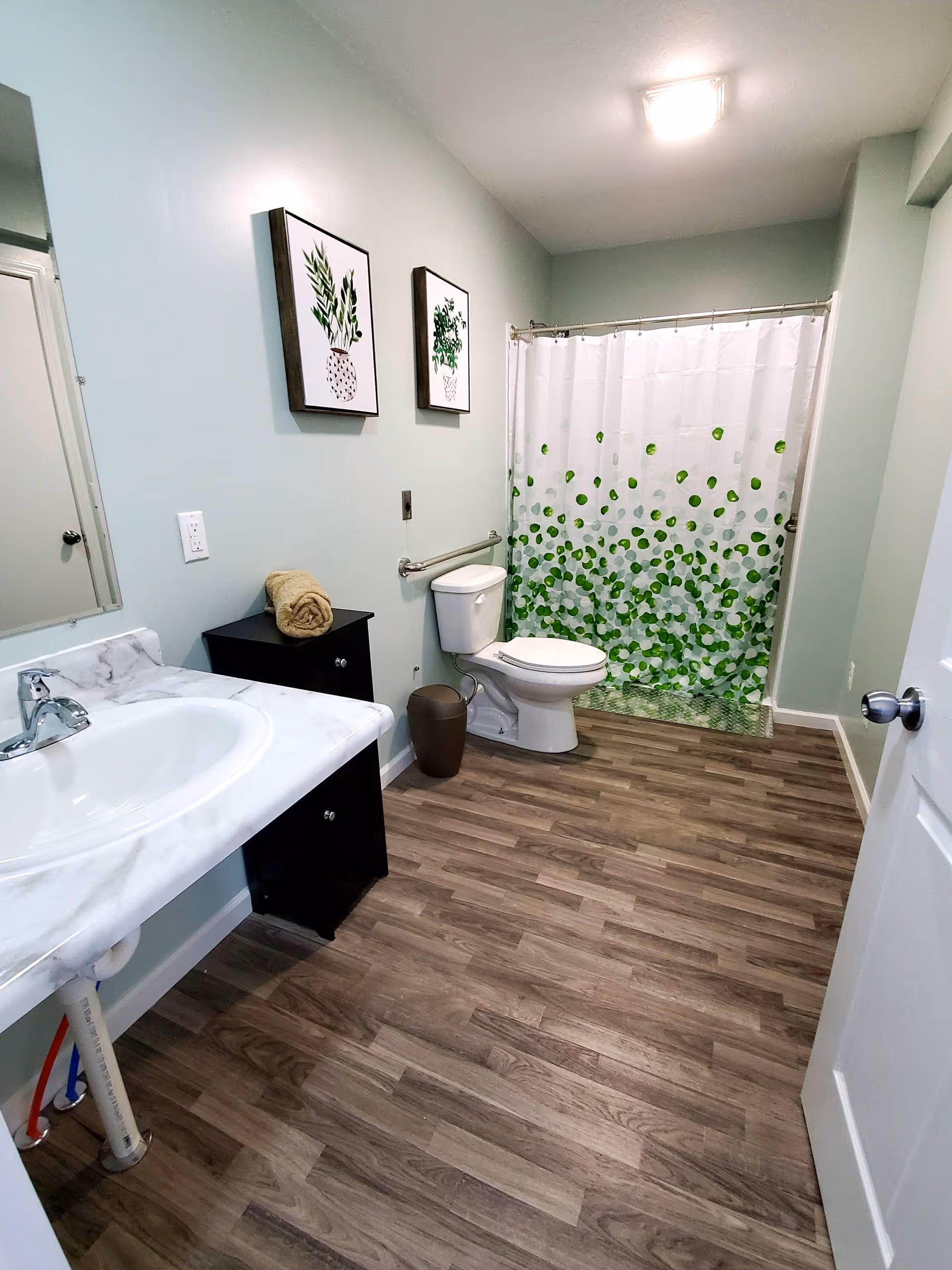 A clean bathroom with light green walls and wood-patterned flooring. The room features a white sink with a marble countertop, a toilet with a grab bar beside it, a small black cabinet with a rolled towel on top, and a shower area with a white curtain decorated with green leaf patterns. Two framed botanical prints hang on the wall above the toilet.