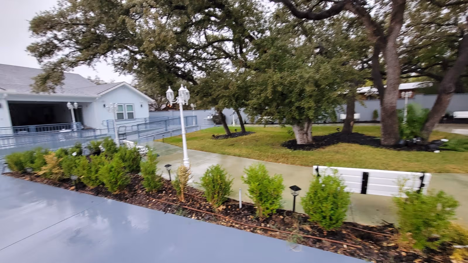 Outdoor view of a senior living facility showing a paved walkway, green grass, several trees, small bushes along the path, white benches, and a light blue building with a ramp in the background under an overcast sky.