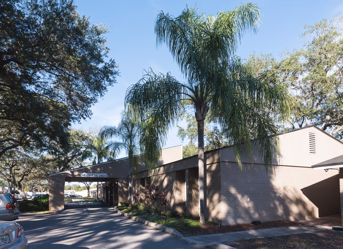 Exterior view of The Bristol at Tampa Rehabilitation & Nursing Center showing the main entrance with a covered driveway, palm trees, and surrounding greenery under a clear blue sky.