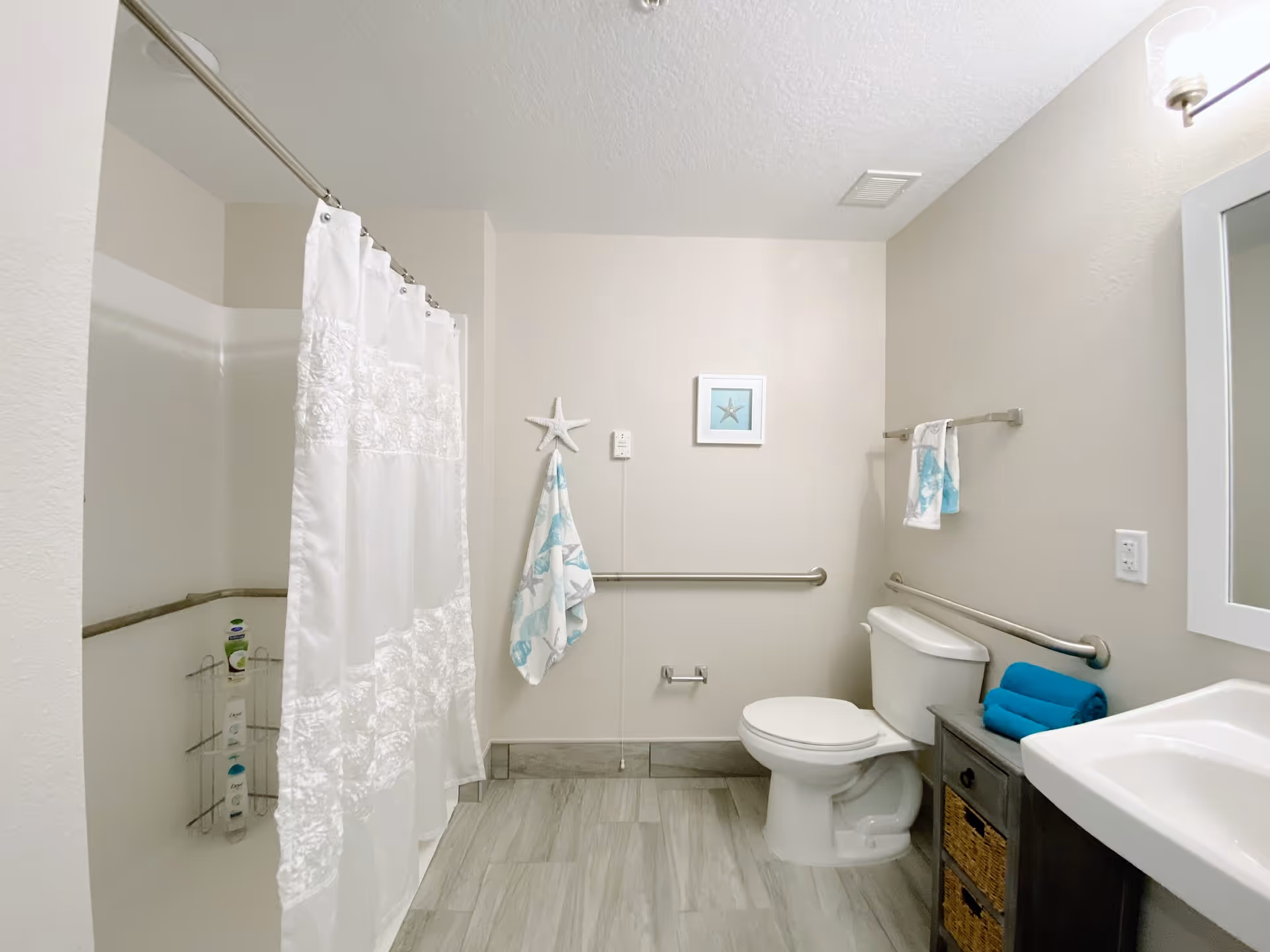 Well-lit accessible bathroom with shower and curtain, toilet, sink, grab bars, and decorative towels and wall art.