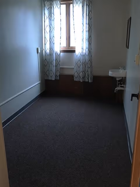 Small empty carpeted room with a window dressed in patterned curtains and a wall-mounted sink on the right.